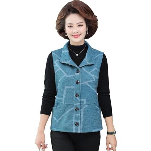 Middle Age Women Sleeveless Jacket Waistcoat Autumn Coat Casual Loose Mother Tops Spring Fall Printed Plus Size Cardigan Vest