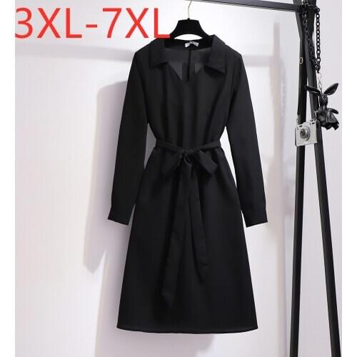 New autumn winter ladies plus size midi dress for women large loose casual long sleeve black belt shirt dress 4XL 5XL 6XL 7XL