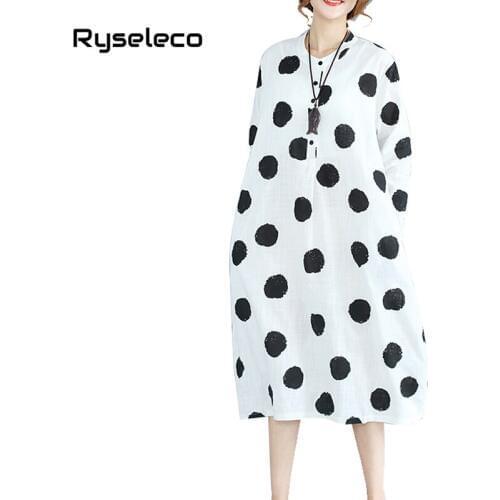 Autumn Casual Dress Women Plus Size Button Polka Dot Cotton Linen Vestidos Clothing Loose Oversized 2018 Long Sleeve Shirt Dress