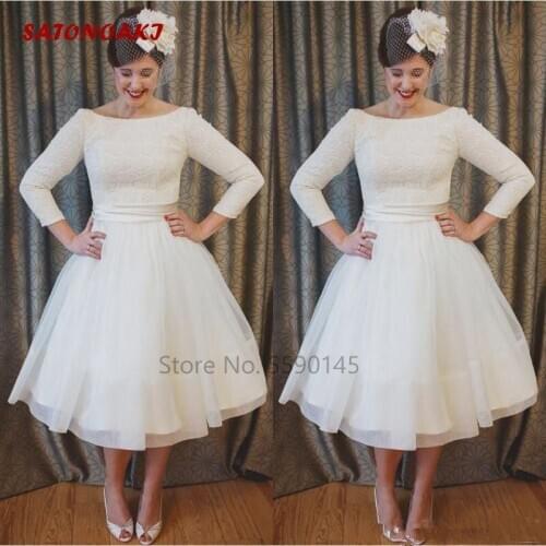 Beach Tea Length Lace Chiffon Wedding Dress A Line Elegant Bridal Gowns With 3/4 Long Sleeves Custom Made Vestido De Novia India