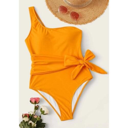 One Shoulder Lace Up One-Piece Swimsuit Sexy Solid Women Monokini Swimsuit New Girls Beach Bathing Suits Swimwear