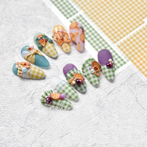 Color Plaid Cherry Lace Bowknot 3D Nail Art Sticker 5D Soft Reliefs Embossed Adhesive Nail Art Decorations Nail Decals Wholesale