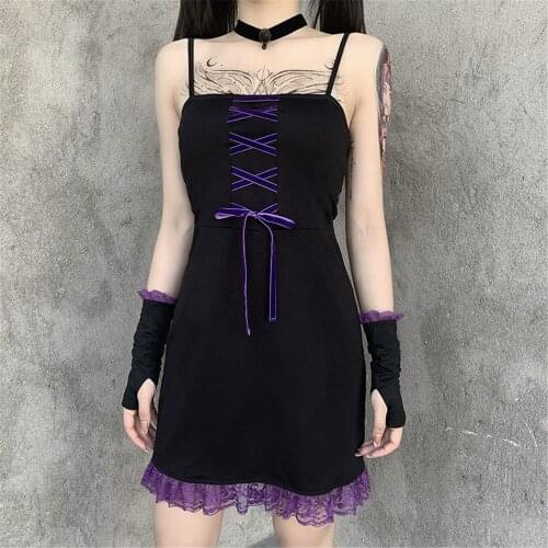 DAILOU Dark Girlish Lace Dress INS Style hollowed-out Sleeve Halter Dress Female Gothic Punk Style Black Dresses With Gloves