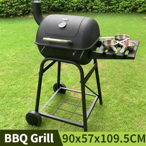 Chimney Style Outdoor BBQ Grill Garden Charcoal Oven Household Portable Barbecue Rack With Thermometer And Double Roll Wheel