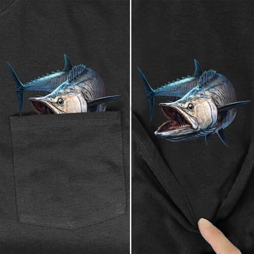 Spanish Mackerel Cotton T-Shirt Fashion Pocket Fishing Printed Casual Shirt Men Women Short Sleeve Tees Funny Cotton Black Tops