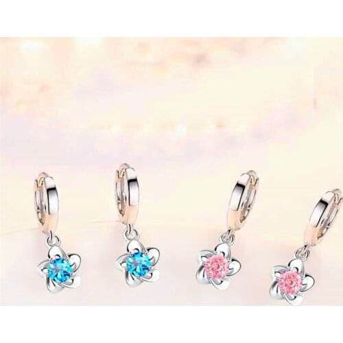 Dainty Female Blue Flower Drop Earrings Classic Round Crystal Dangle Earrings For Women Luxury Silver Color Wedding Earrings