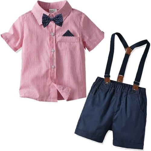 Baby Boys Set Clothing Fashion Summer Kids Clothes Gentleman Short Pink Shirt+Straps Shorts Children Sets Boy Party Set