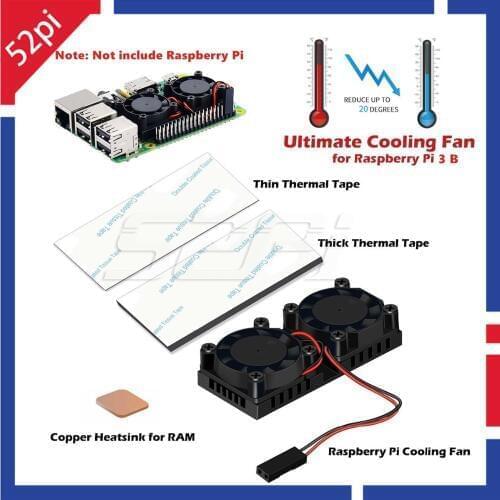 52Pi Version 2.0 Dual Fan Heatsink with Double Cooling Fans Reduce Up to 20 Degrees For Raspberry Pi 3 / 2 / NESPi Case Plus