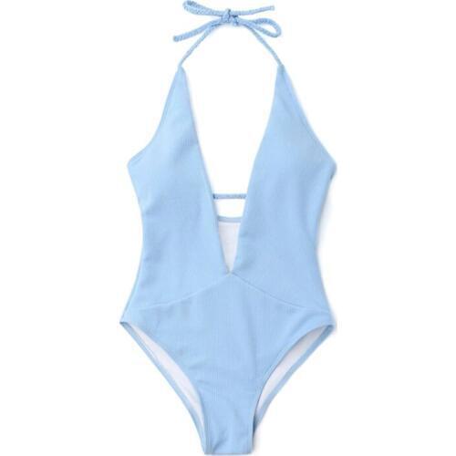 2019 Sexy Women Solid Halter Deep V Padded Wireless Backless One Piece Swimsuits Bathing Suits