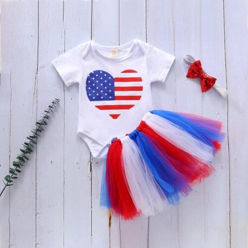 Summer Infant Baby Girls Clothes Set Love Heart Print Short Sleeve Romper Tutu Skirt Independence Day Clothes
