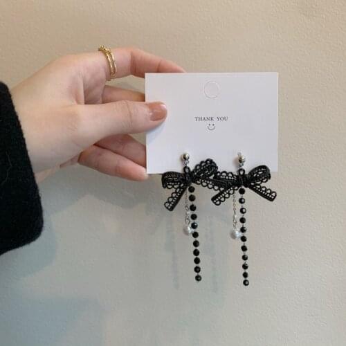 Sweet Girl Earrings 2021 Fashion New Temperament Earrings Wild Net Red Black Bow Pearl Long Tassel Earrings For Sale Orecchini