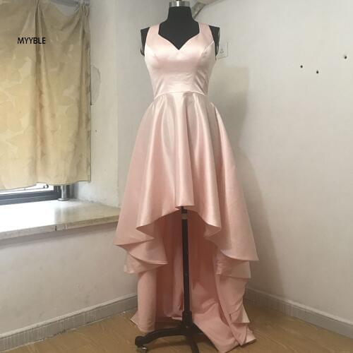 MYYBLE 2020 High Low evening Dresses Straps Satin A line Short Front Long Back prom Dresses Evening Party Formal Gowns Backless