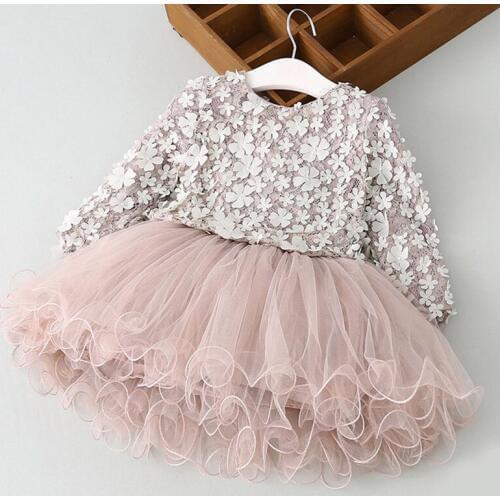 Princess three-dimensional flower petal autumn new girls long-sleeved dress childrens clothing beautiful fluffy mesh skir