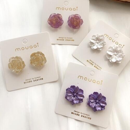 Silver Plated Needles Gold Foil Light Purple White Double-Layer Flowers Acrylic Retro Women Stud Earrings