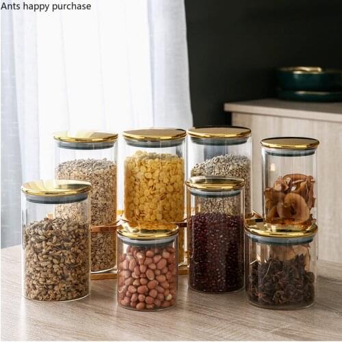 Simple Transparent Glass Jar with Golden Plastic Lid Kitchen Food Sealed Storage Jar Candy Grain Storage Bottle Home Decoration