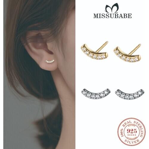 Real 925 Sterling Silver Crystal Zircon Geometric Arc Smile Mini Simplist Small Stud Earrings Chic Jewelry Gift For Women Girls