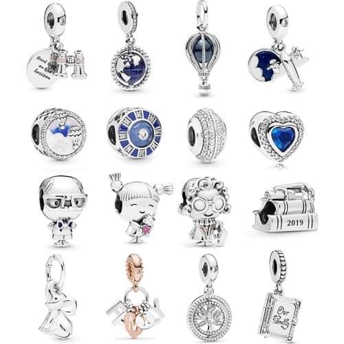 S925 Silver Spinning Globe Dangle Charm Sparking Blue Heart /Hot Air Balloon Travel Charm fit Pandora OriginBracelet for Women