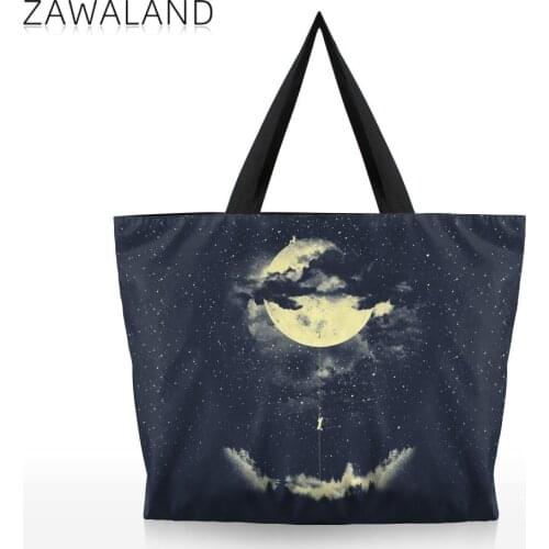 Zawaland New Women Moon Print Handbag Horizontal Portable Zip Shoulder Bag Students Item storage Handle Bag Outdoor Travel Tote