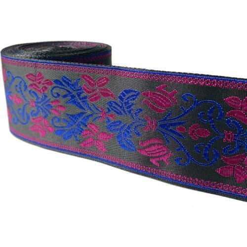 ZERZEEMOOY 49MM 7YARD Blue And Rose Totem Jacquard Ribbon With Black Background MZZD19051507