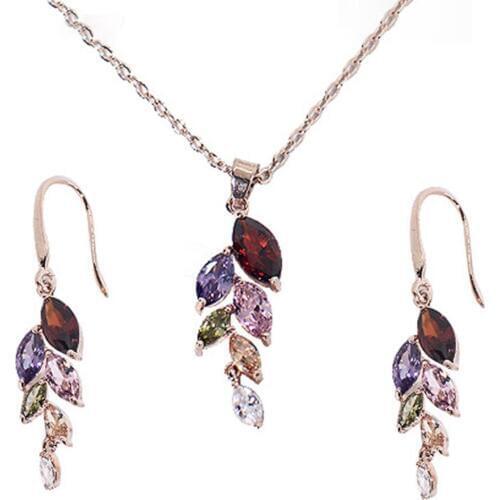 Women Faux Crystal Rhinestone Leaf Dangle Chain Necklace Earrings Jewelry Set Dangle Chain Necklace Earrings Jewelry Set Necklac