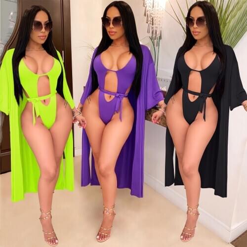 Woman Sexy Bikini Swimsuit Cut Out Back Lace Up Bodycon Suit +Short Sleeve Cardigan Cover Up Suits 2020 Summer 2 Piece Swimsuit