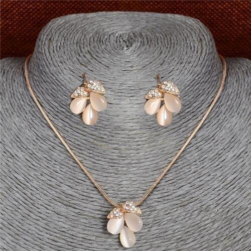 ZOSHI Natural Opal Flower Pendant Necklace Earrings For Women Gold Chain Crystal Cats Eye Stones Wedding Bridal Jewelry Sets