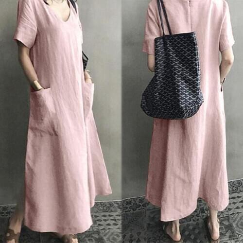 New S-4XL Women Dress Casual Solid Color Short Sleeve V Neck Pockets Large Hem Loose Long Dress Women Ladies Fashion Vestidos