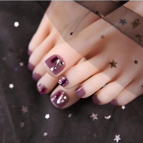 24pcs/box Summer Wearable Full Cover Women Fashion Toenails Ice Transparent Crystal Purple Translucent Foot Fake Nails with Glue