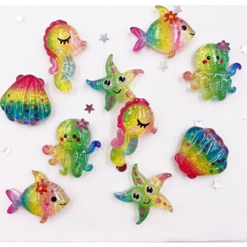 Glitter Colorful Resin Shell Starfish Fish Seahorse Squid Ocean Animal Flatback Cabochon Scrapbook DIY Accessory Decor Figurine