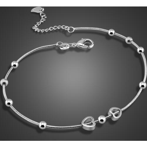 Bohemia Sweet Heart Pendant Anklet 100%925 Sterling Silver Simple Snake Chain Anklets Beach Foot 25cm Bracelet Women Jewelry