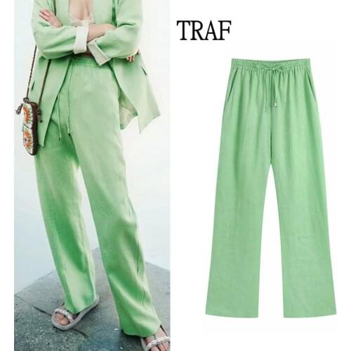 TRAF Za 2021 Woman Pants Green Linen Wide Leg Pants Women Clothing Elastic High Waist Suit Trousers Loose Casual Women Pants