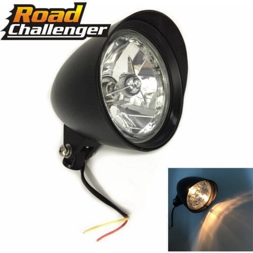 Black 5-3/4" Tri-Bar H4 Motorcycle Headlight Lamp Visor Bucket Universal For Harley Chopper Amber