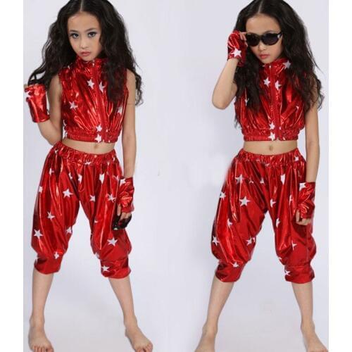 Kids Modern Dance Girl Jazz Dance Children Sequin Hip Hop Costumes Stage Jazz Dance Costumes Suit Girls Dancing Top and Pants