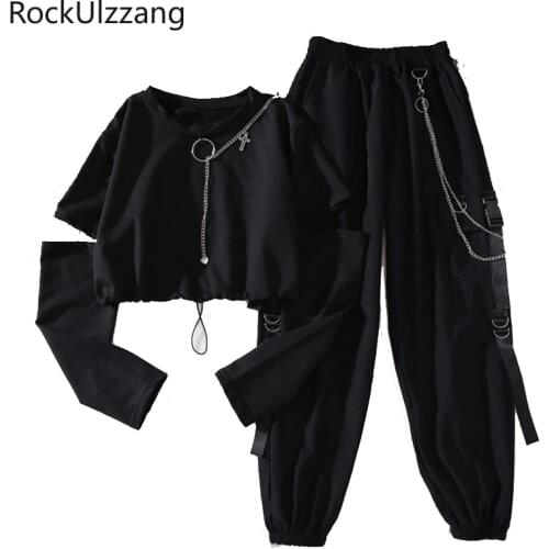 Removable Sleeve Ring Chain Crop Top Tee and Ribbon Strap Cargo Pocket Jogger Pant Hip Hop Summer Slim Two Piece Set Outfit Suit