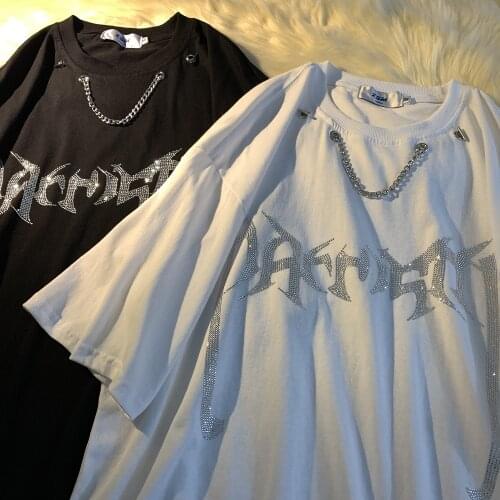 Hot Rhinestone Cotton T-shirt Women Street Trend Hip Hop Half Sleeve Shirt Necklace Fashion Short Sleeve Loose Oversized T-shirt