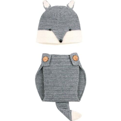 Hot Sale 60% 2Pcs Newborn Baby Boys Girls Hand Crochet Fox Hat Pants Outfit Photography Props