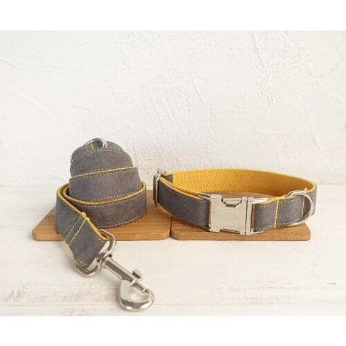 Customized Dog Collar Engraved Puppy ID Tag Leash Collar Set Adjustable Outdoor Solid Canvas Pet Collar Leash GRAY COVER YELLOW
