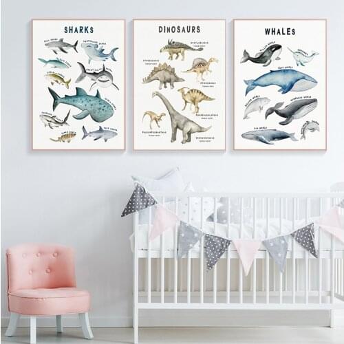 Child Dinosaurs Whale Shark Marine Animal Nursery Canvas Art Print Education Wall Picture Painting Baby Kids Room Decor