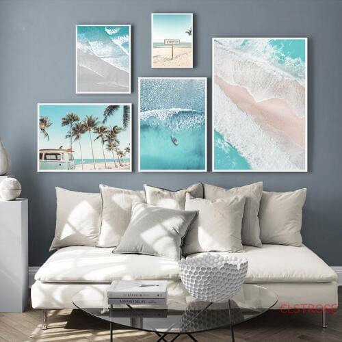 Boat Ocean Waves Overhead Picture Nature Scandinavian Poster Nordic Decoration Sandy Beach Bus Print Wall Art Canvas Painting