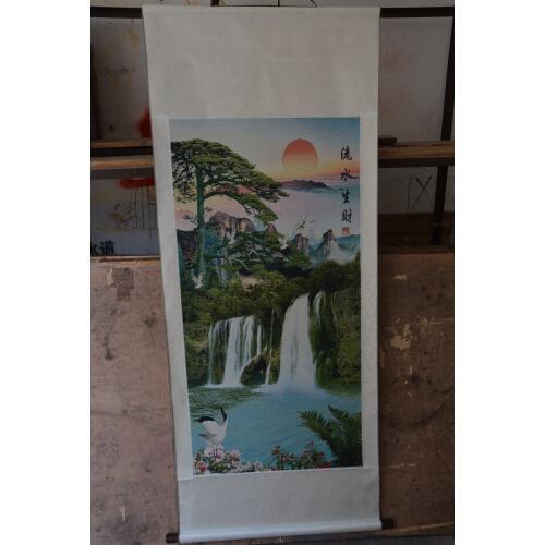 Hand-painted Chinese paintings, Embroidery of the Qing Dynasty in China, flying crane&pine & waterfall & sunrise, free shipping