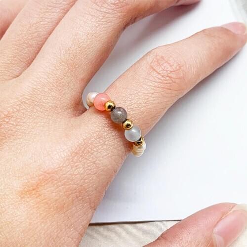 Freshwater Pearl Beads Rings for Women Natural Stone Mixed colors Handmade Jewelry Elastic Adjustable Wedding Ring Party Gift
