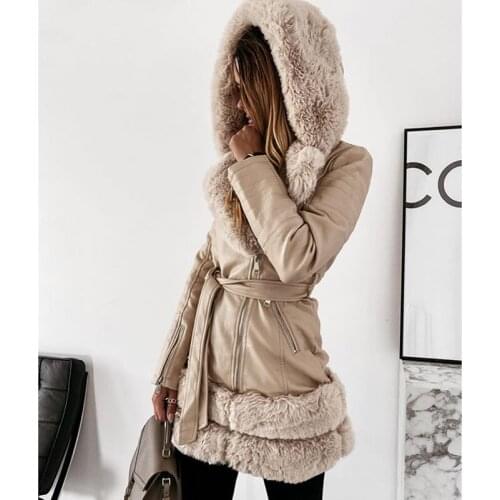 CP Winter Tie Belt Faux Fur Jackets Women Vogue Turn Down Collar Coats Women Elegant Solid PU Leather Jackets Female Ladies