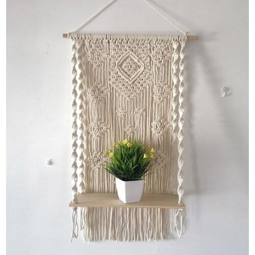 Minimalist Wall Hanging Shelf Wood Floating Shelf Woven Wood Shelf Tapestry Natural Cotton Rope For Living Room Bedroom