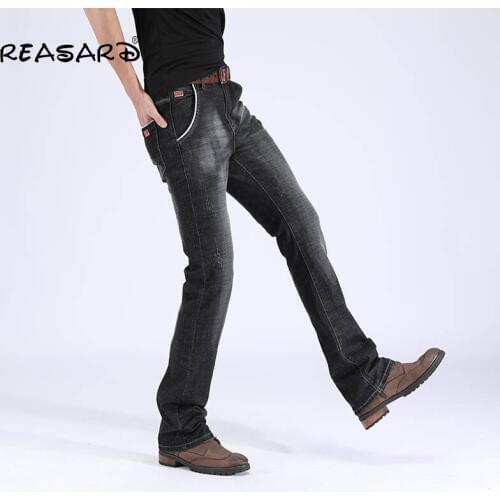 Mens Autumn 2019 Summer Flared Jeans Thin Denim Pants Slim Black Flare Trousers Boot Cut Fit Jeans Trousers Business Casual