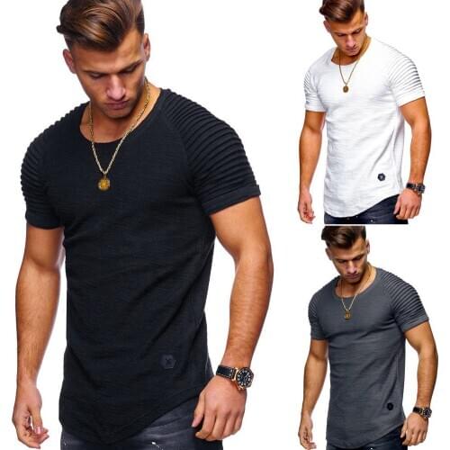 New Mens Round Neck Slim Solid Color Short-sleeved T-shirt Pleated Raglan Sleeve Bottoming T Shirt Large Size