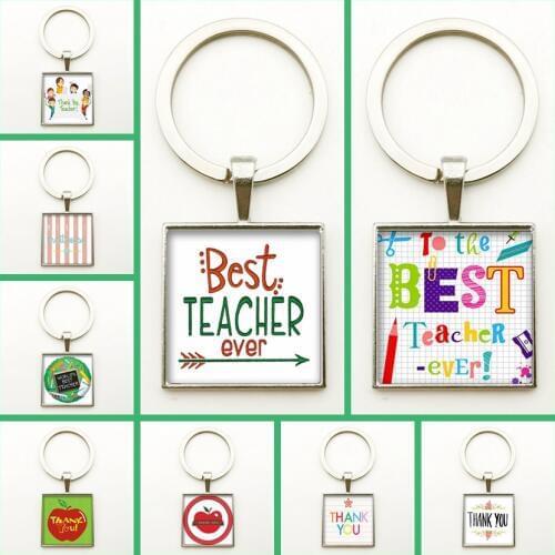 New Square Pendant Keychain Thank You Teacher Square Glass Convex Round Face Best Teacher Image Ever Key Ring Teachers Day Gift