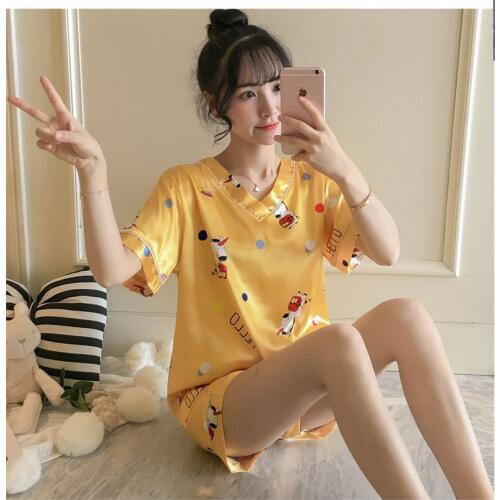 Oragne Yellow Short Pajamas Two Pieces V Neck Short Sleeves Shorts Pants Nightwear Silk Sleepwear In Stock NW53