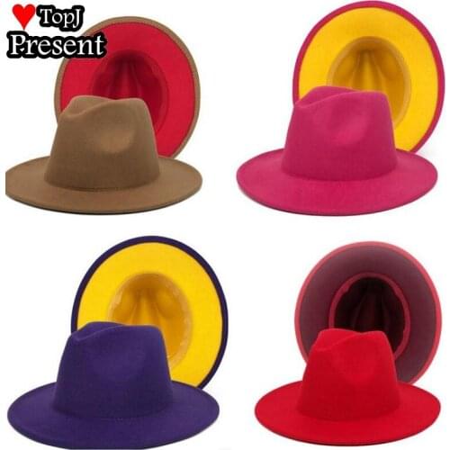 More colours Outer Orange Inner Blue Patchwork Felt Jazz Fedora Hats with Thin Belt Buckle Men Women Wide Brim Panama Trilby Cap
