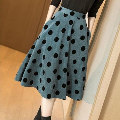 Autumn Winter High Waist Office Lady Dot Corduroy Skirts 2021 Elegant Fashion Women Pockets Pleated Plus Size A-Line Skirt