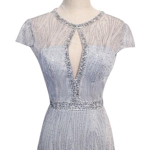 Sexy Silver Prom Dresses O-Neck Mermaid Floor-length Short Sleeve Beads Sequins Crystal Silver Banquet Formal Party Evening Gown